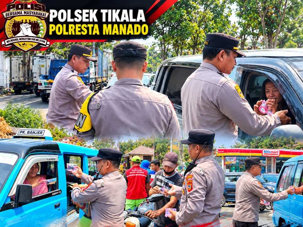 TAK SEKADAR AMANKAN ANTREAN BBM! POLSEK TIKALA BERSAMA KARYAWAN SPBU DENDENGAN DALAM TURUN BAGIKAN AIR MINERAL KEPADA WARGA.