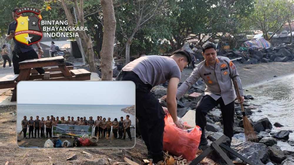 GREEN POLICING BERGERAK! KAPOLRESTA MANADO TURUN LANGSUNG BERSIHKAN PANTAI KARANGRIA, LAWAN SAMPAH PLASTIK.